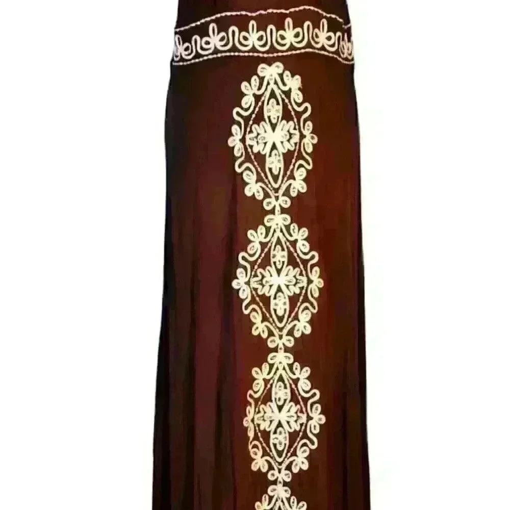 CHOCOLATE BROWN Womans MAXI Dress Rhinestone Embroidery Accents TALL size Med - Picture 7 of 10